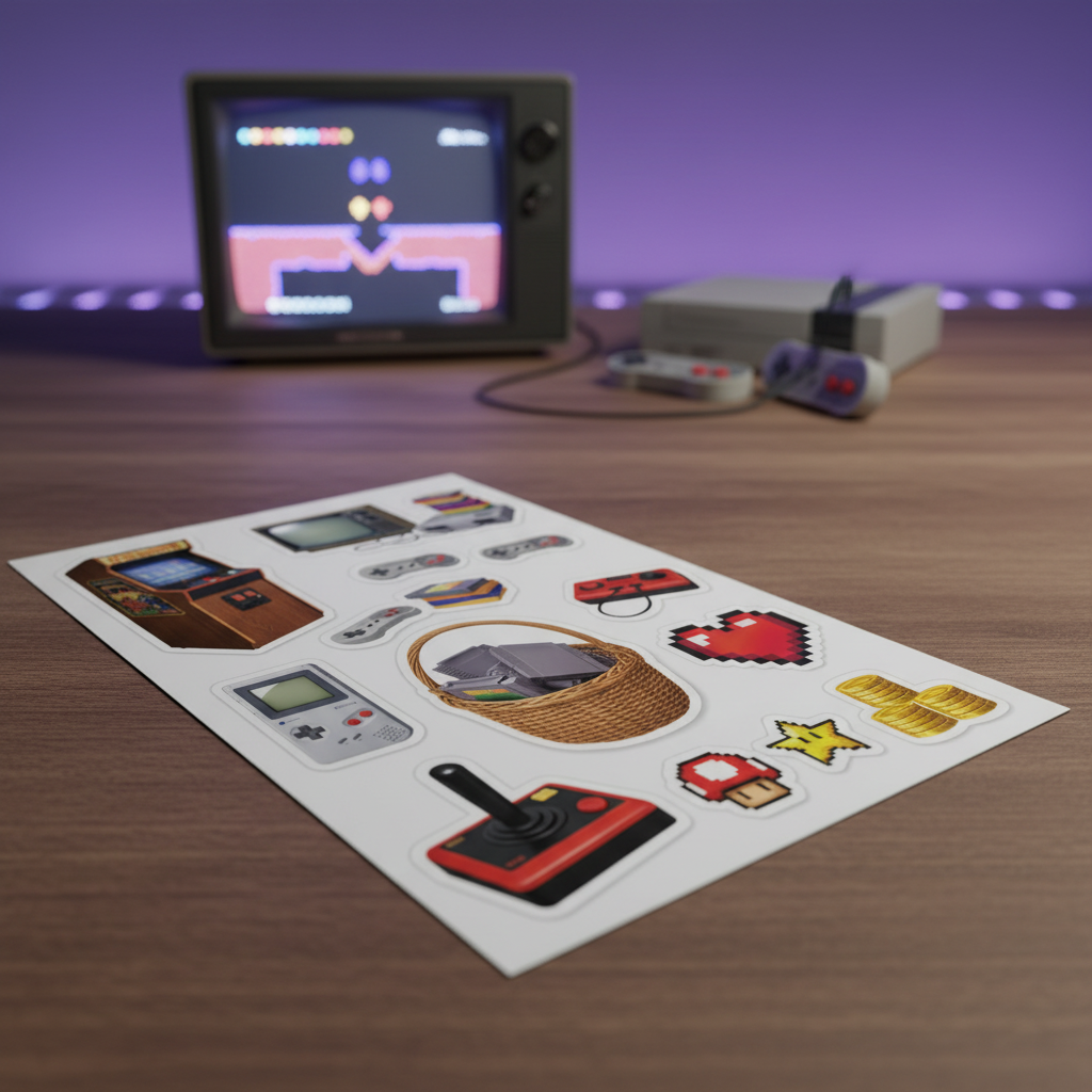 Full colour stickervel op een bureau met retro games.