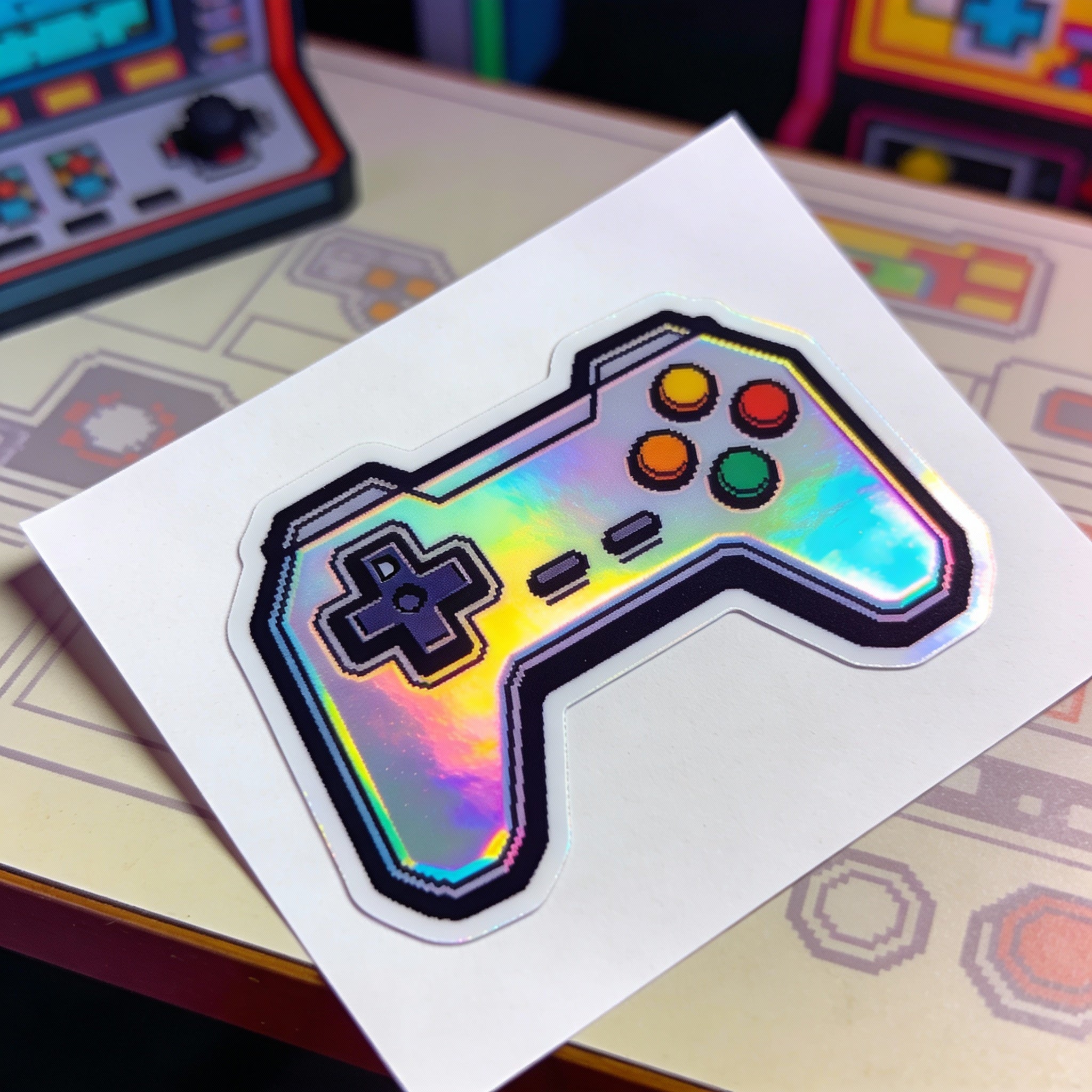Holografische sticker van een game console.