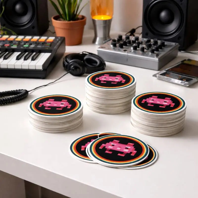 Ronde folie stickers op tafel met invader