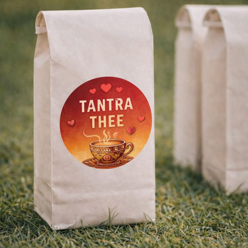 ronde stickers op een theek zakje